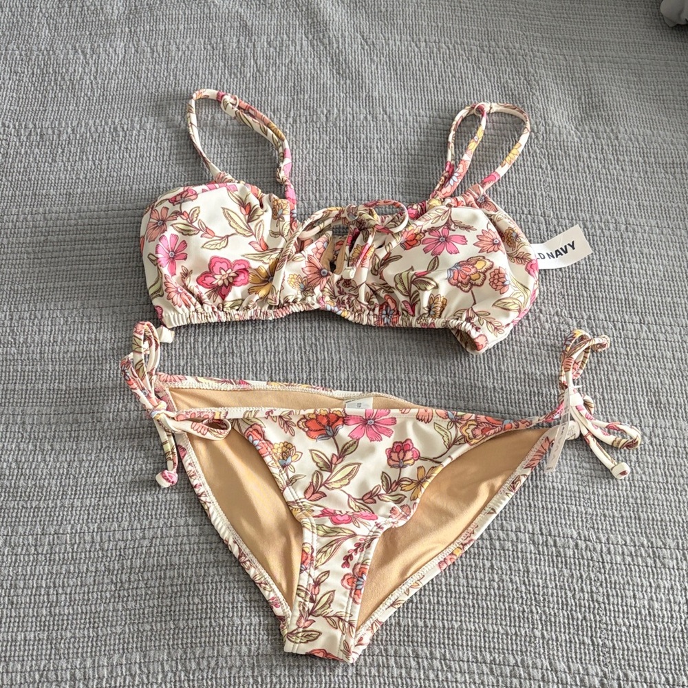 Old Navy Cream Floral Two-Piece Bikini with Pink Flowers